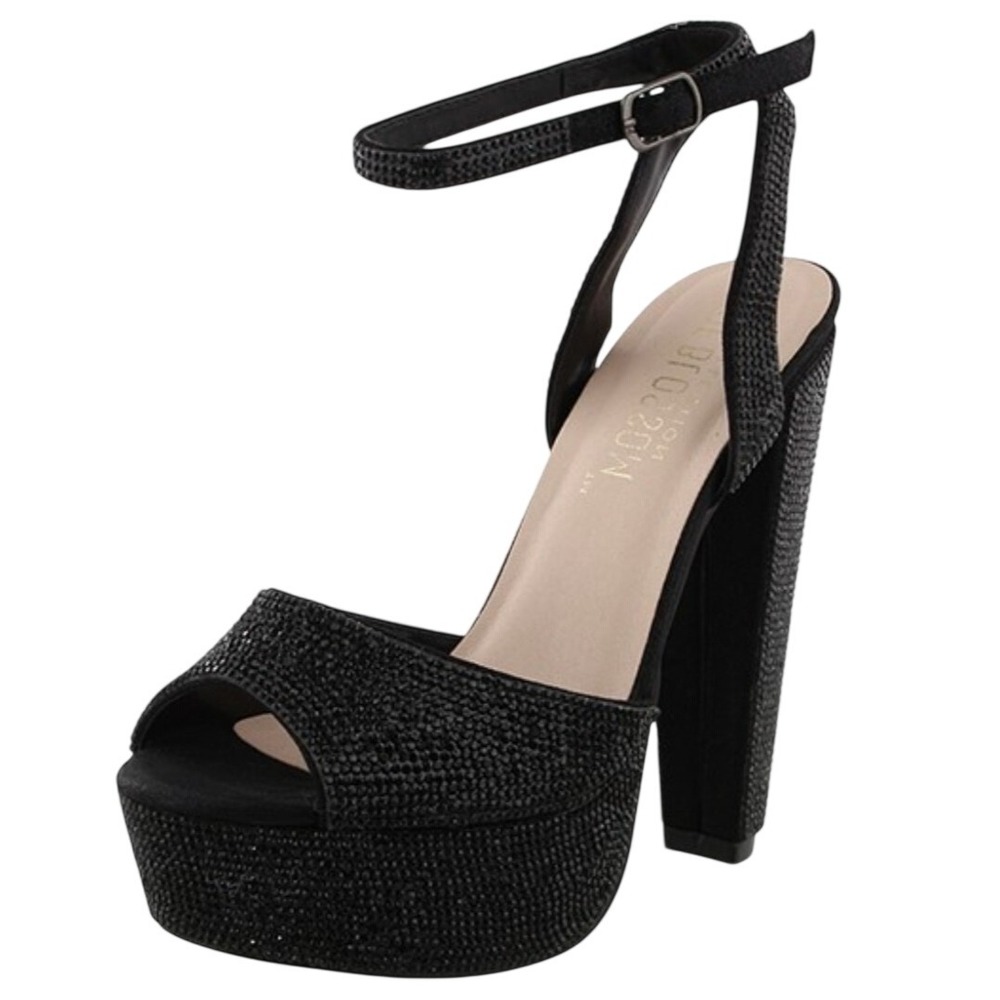 De Blossom Collection Black Rhinestone Platform Block Heel Sandals Ankle Strap